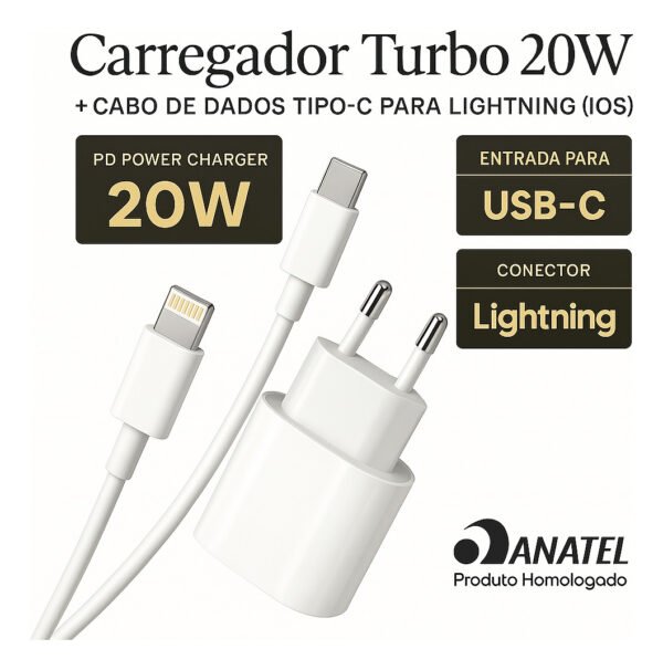 Carregador Para iPhone 8 X Xr 11 12 13 14 Pro Max Fonte Turbo 20w Usb C Cor Branca Dtimp - Image 2