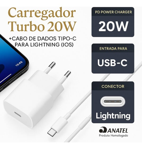 Carregador Para iPhone 8 X Xr 11 12 13 14 Pro Max Fonte Turbo 20w Usb C Cor Branca Dtimp - Image 3