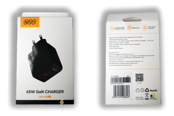 Carregador Qcy Turbo Gan 65w 2 Portas Usb-a + Tipo-c Cor Preto - Image 8