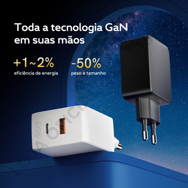 Carregador Qcy Turbo Gan 65w 2 Portas Usb-a + Tipo-c Cor Preto - Image 5